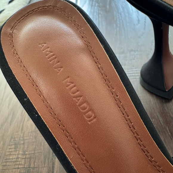 Amina Muaddi Rosie Embellished Bow Satin Pedestal Sandals - Picture 7 of 10